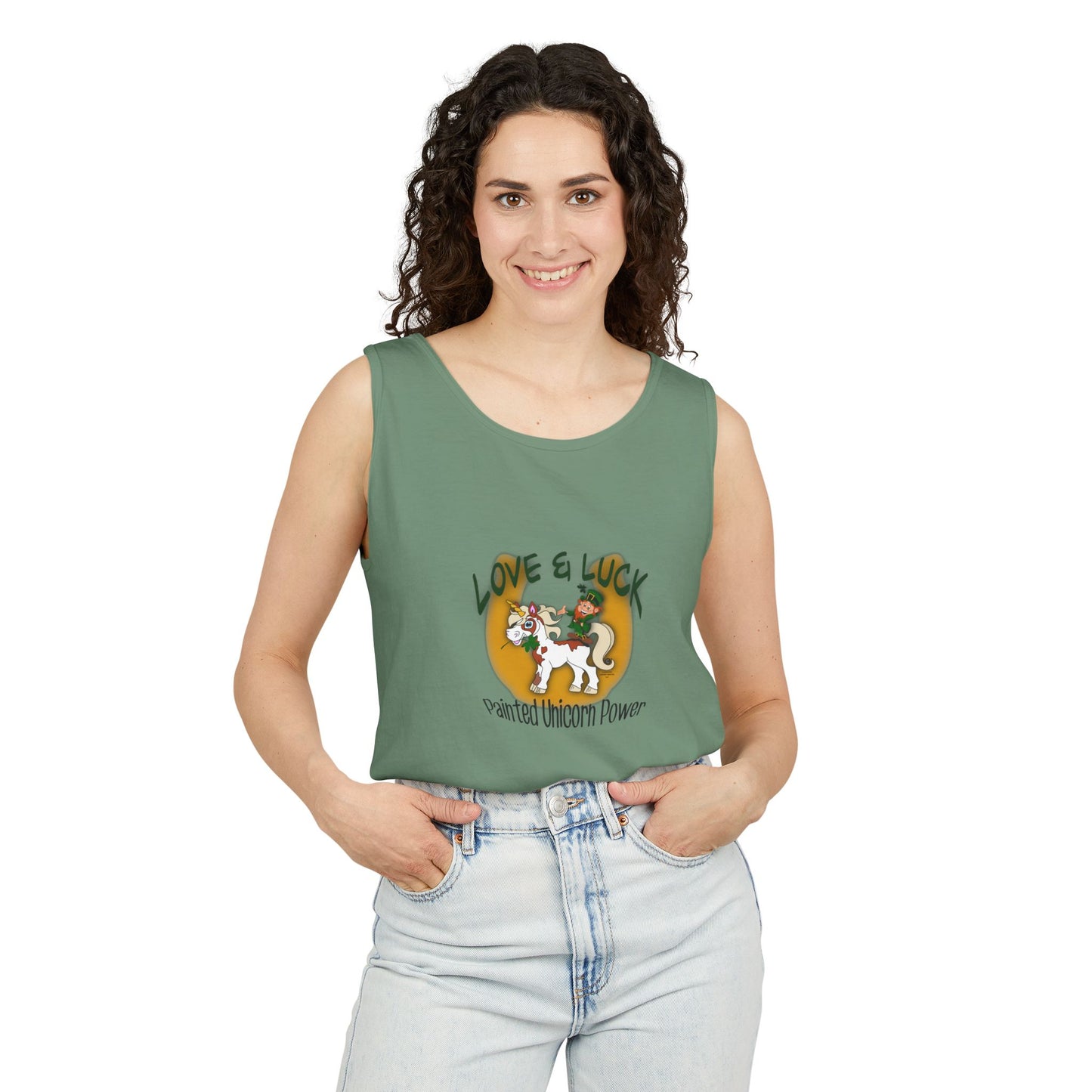 Magical Unicorn Tank Top, Love & Luck Graphic Tee, Unisex Summer Apparel, Perfect for Festivals, Gifts for Unicorn Lovers, Casual Beach Wear