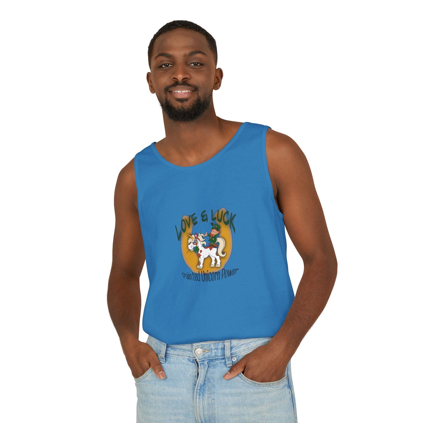 Magical Unicorn Tank Top, Love & Luck Graphic Tee, Unisex Summer Apparel, Perfect for Festivals, Gifts for Unicorn Lovers, Casual Beach Wear