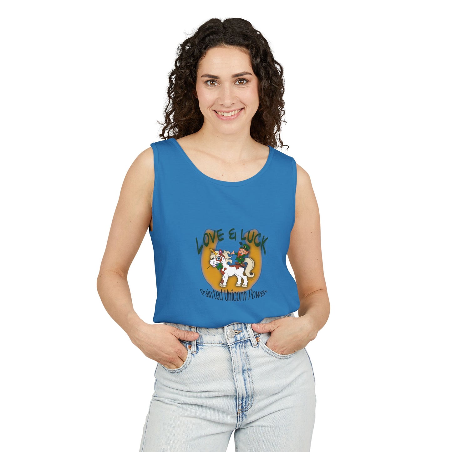 Magical Unicorn Tank Top, Love & Luck Graphic Tee, Unisex Summer Apparel, Perfect for Festivals, Gifts for Unicorn Lovers, Casual Beach Wear