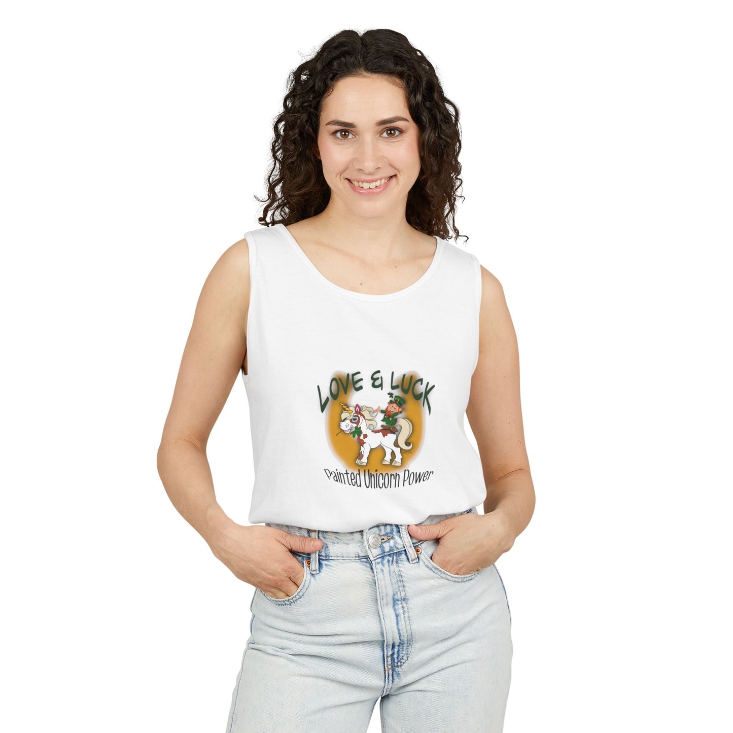 Magical Unicorn Tank Top, Love & Luck Graphic Tee, Unisex Summer Apparel, Perfect for Festivals, Gifts for Unicorn Lovers, Casual Beach Wear